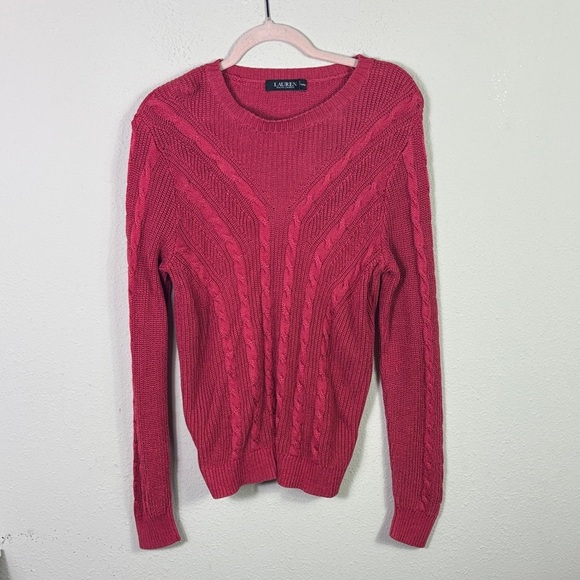 Lauren Ralph Lauren Black Label Wine Red Burgundy Cable-Knit Crewneck Sweater L - Picture 2 of 10